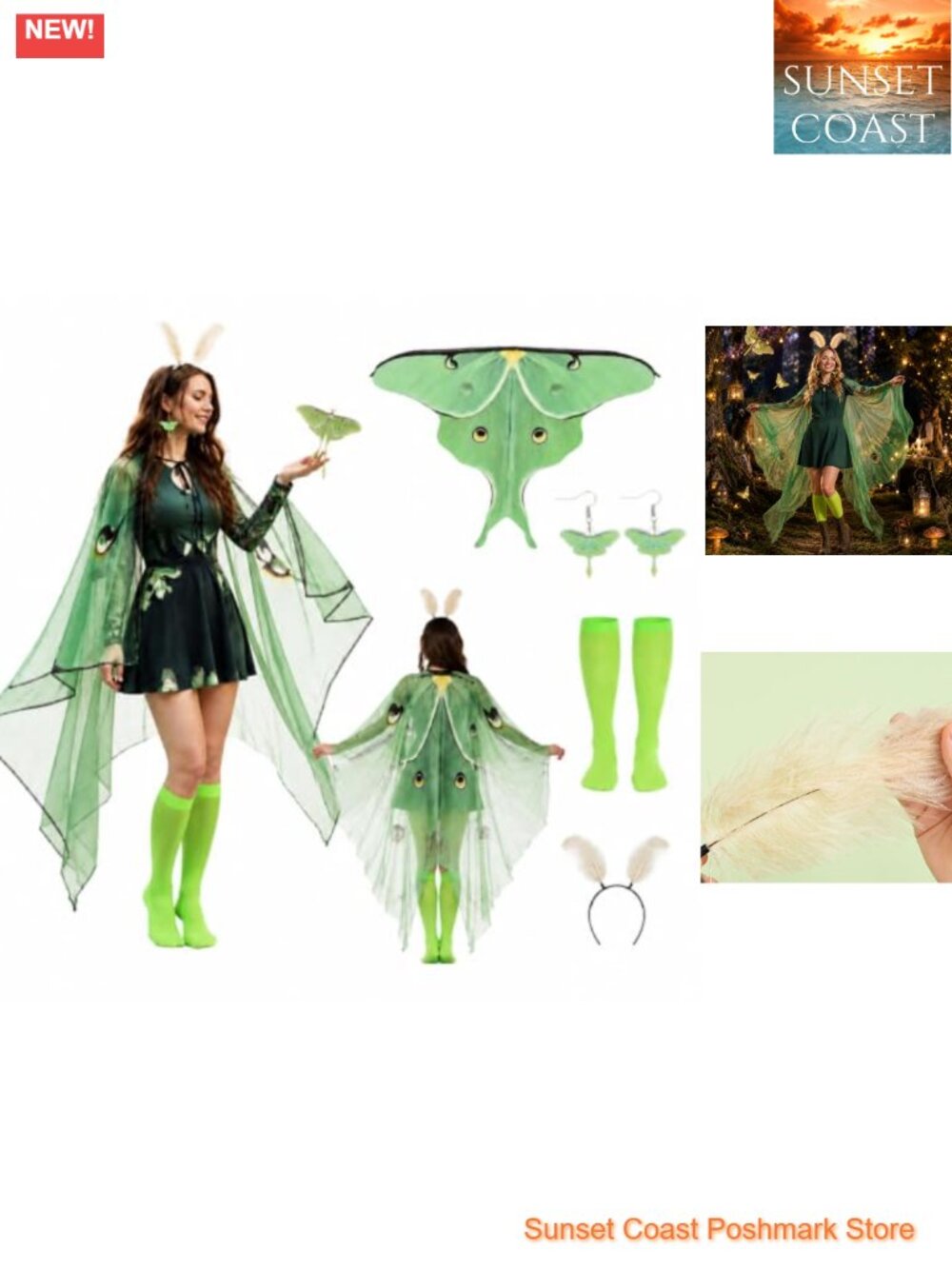 Luna Moth Wings Costume Set Chiffon Butterfly Cape Headband Earrings Socks